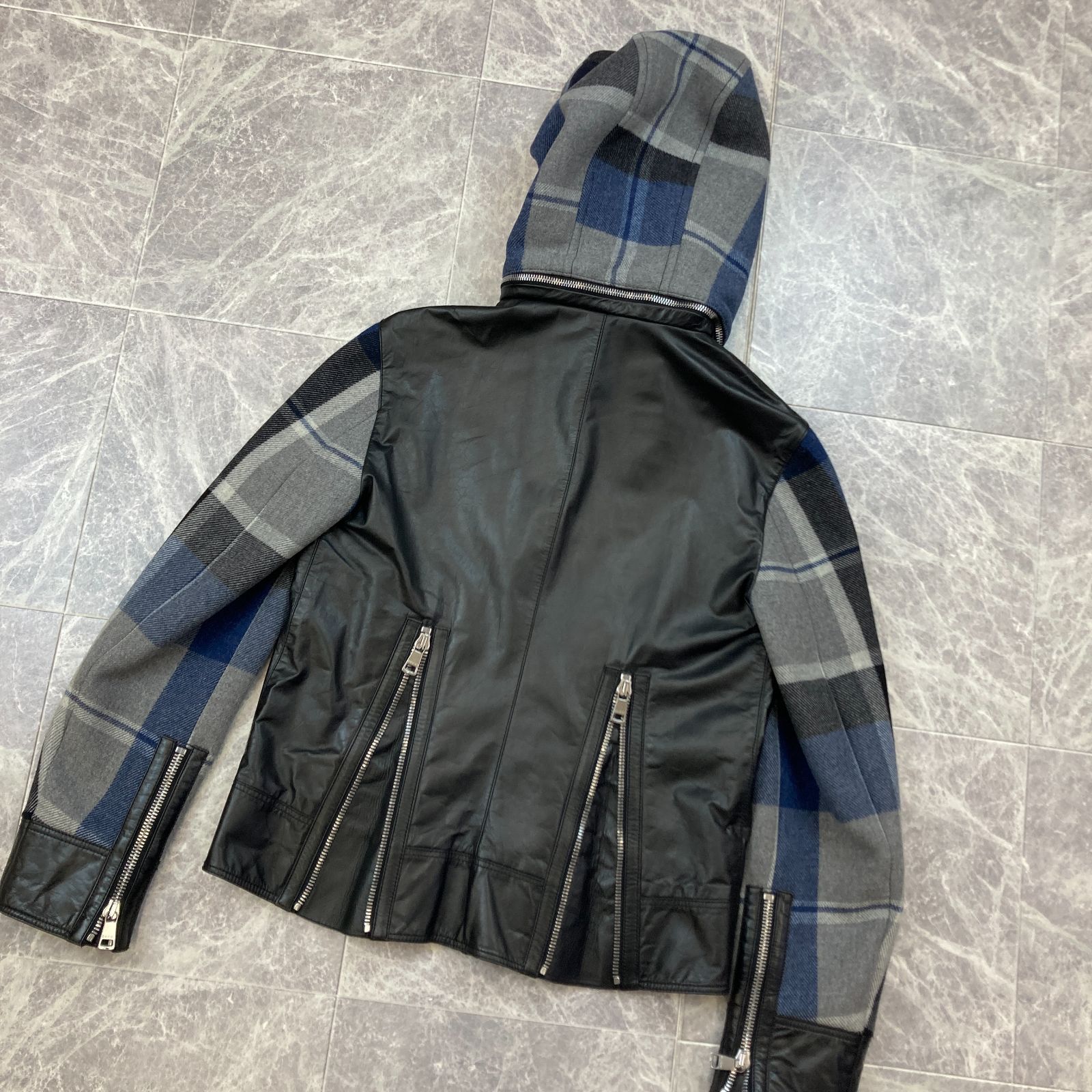 GUCCI グッチ ドッキングレザー ダブルライダースジャケット 44サイズ 226297 XM786 ブラック レザー ブルー チェック ウール GG ロゴ レディース メンズ PAWNSHOPRiZ パウンショップリズ