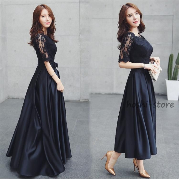 新品&レディース&上品&切り替え&結婚式&発表会&お呼ばれ&パーティー&マキシフレアロングワンピースドレス　「Ｓ～ＸＬ」 ウエストリボン付き レース切替 パーティードレス 結婚式