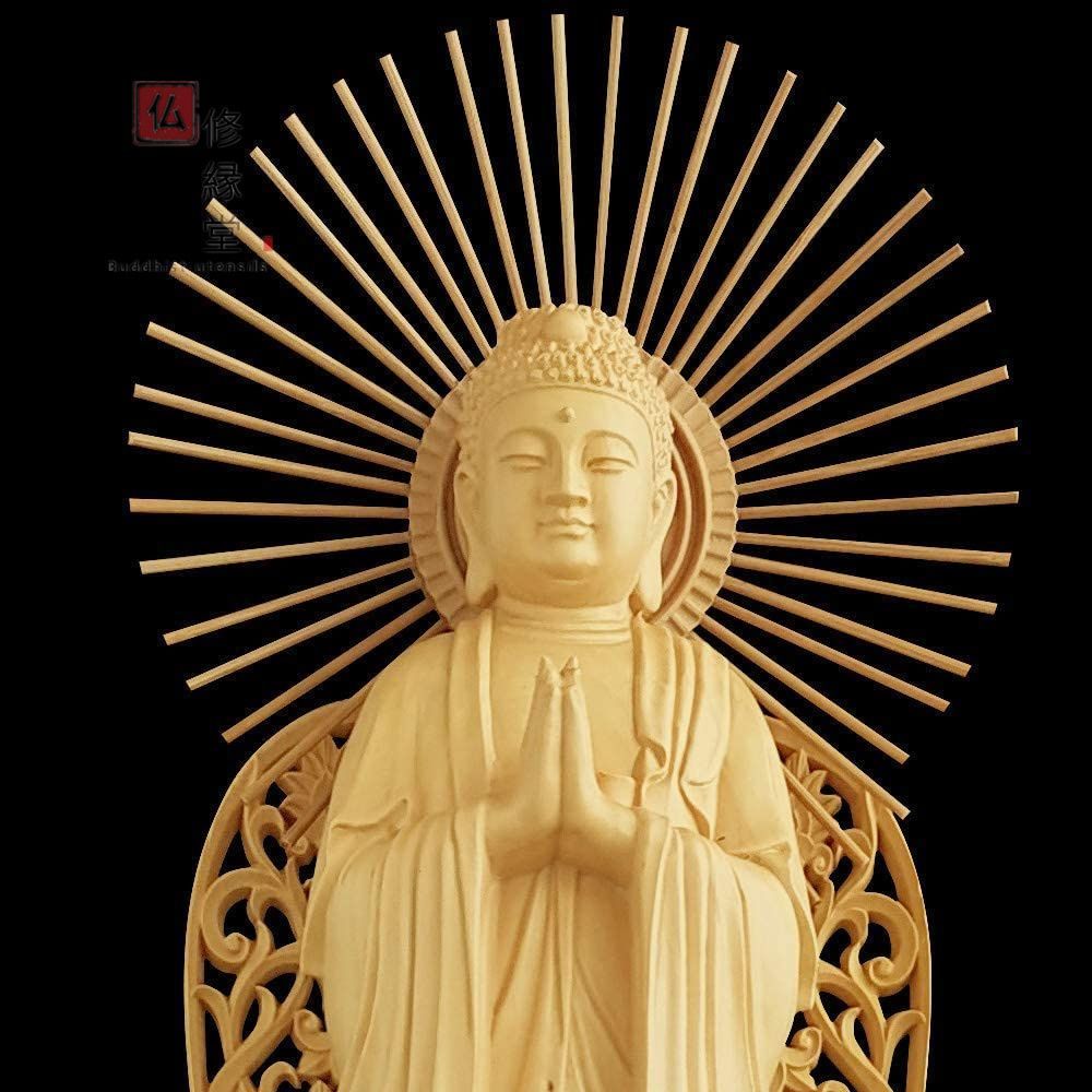 修縁堂】木彫り 仏像 釈迦如来立像 釈迦牟尼仏 放射光背 柘植材
