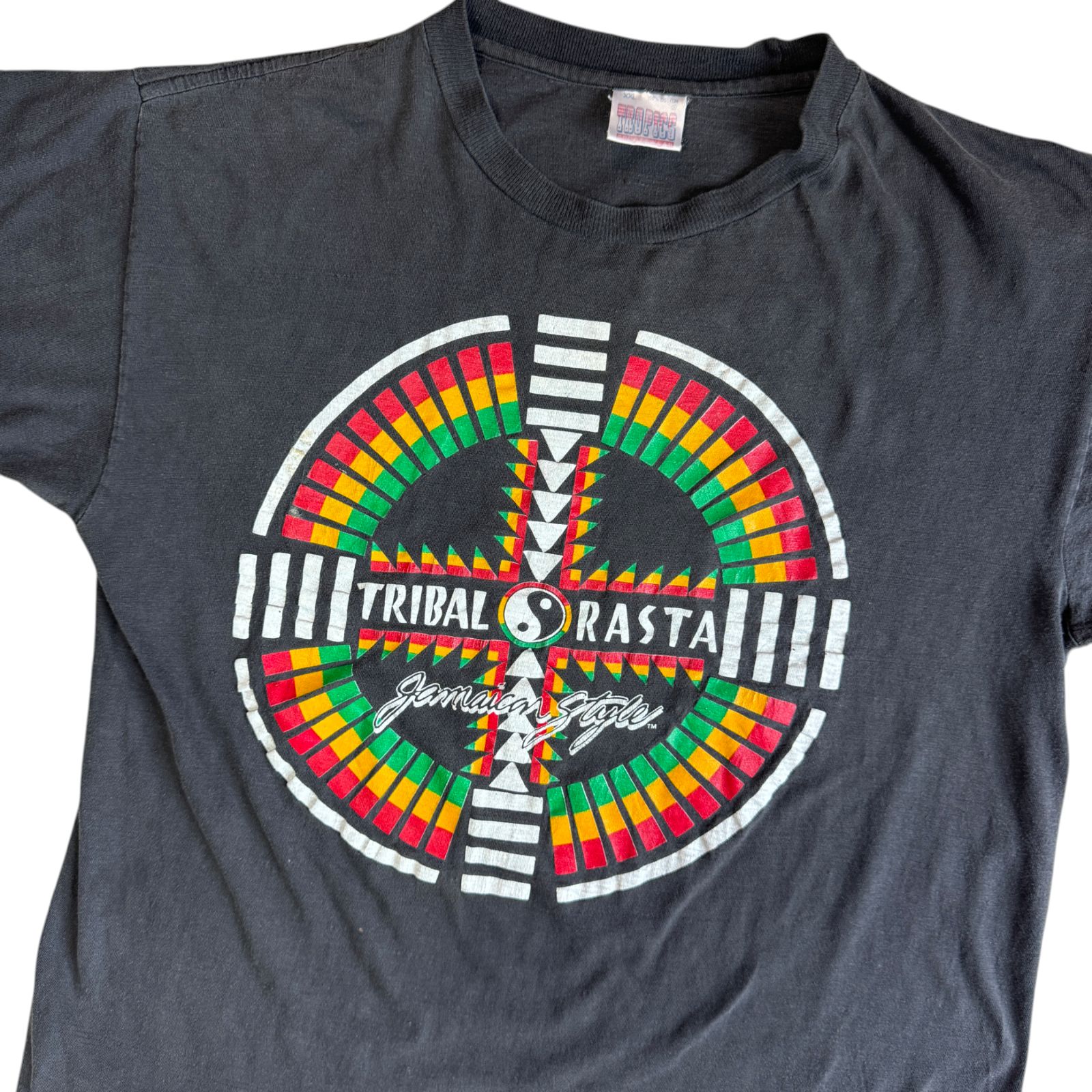 90s TRIBAL RASTA 陰陽 デザイン プリント Tシャツ XLサイズ相当 Yin 