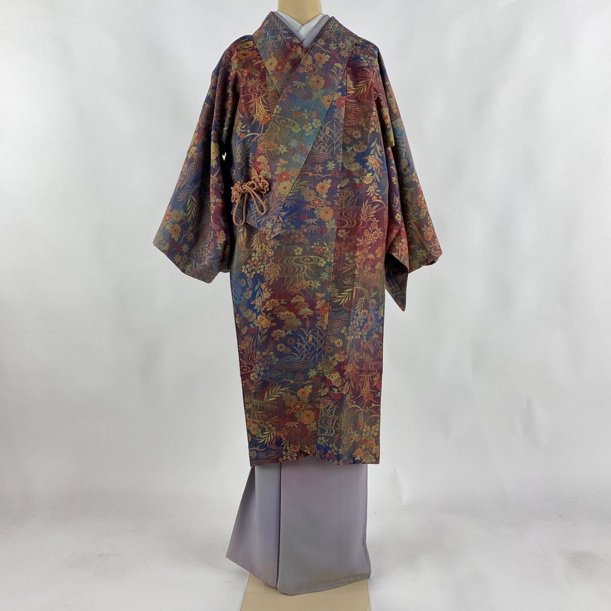 道中着 身丈101.5cm 裄丈67.5cm L 和装コート 竹縞 灰紫 正絹 美品  