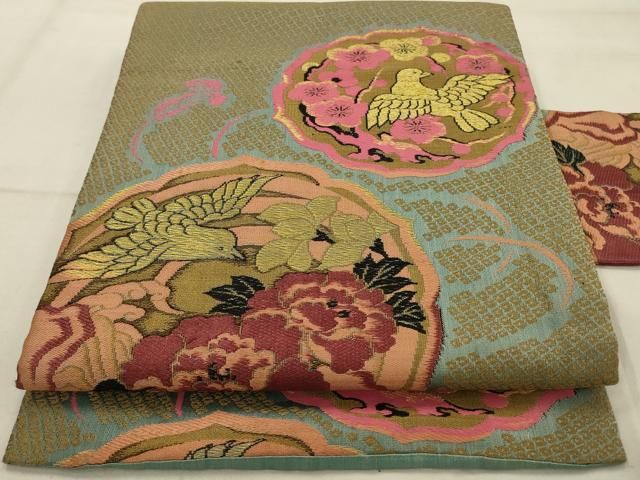 ブランド品専門の 平和屋着物◎アンティーク 大正ロマン 九寸名古屋帯 花鳥文 金糸 着物・浴衣