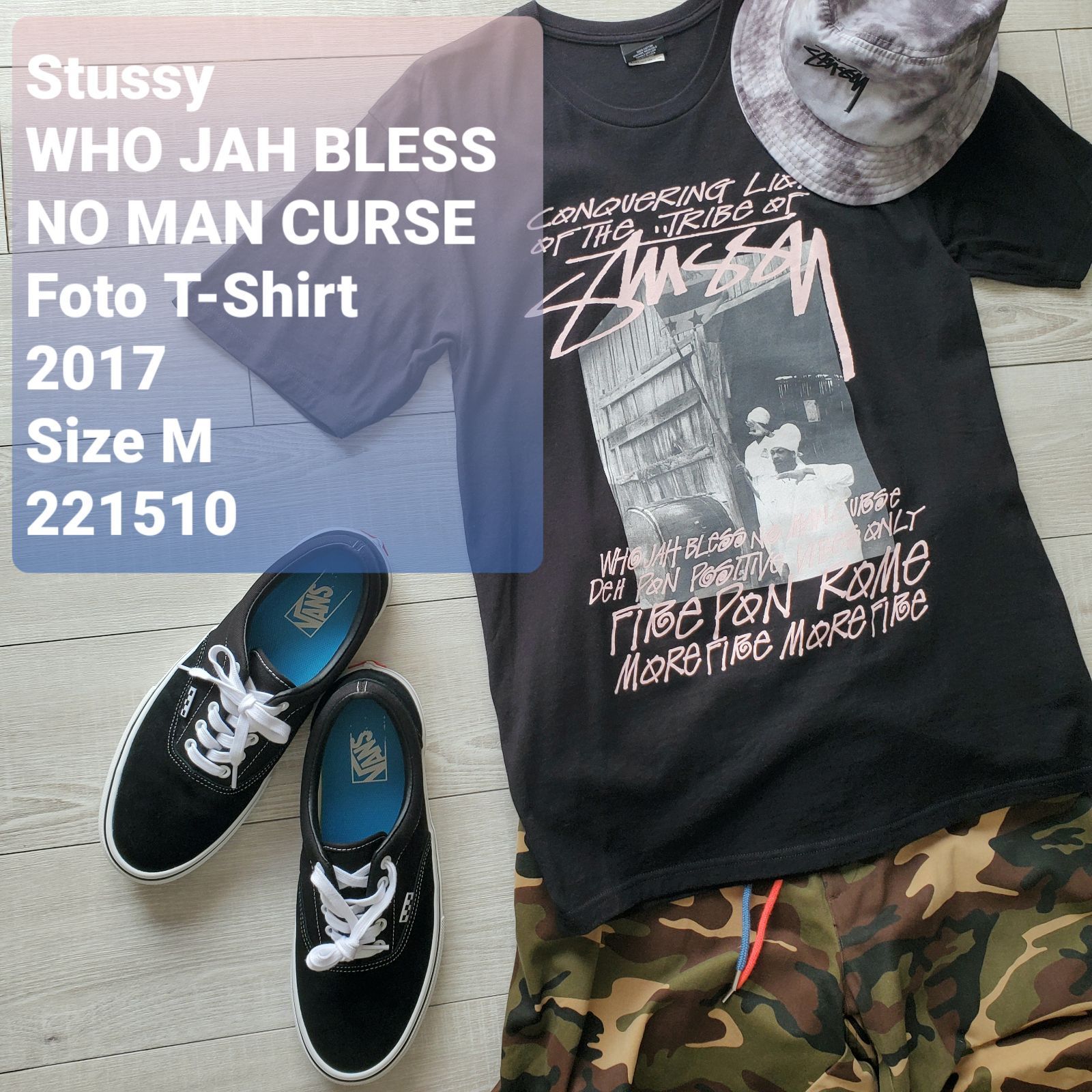 STUSSYステューシー■極美品 17年 Who Jah Bless No Man Curse tee 両面 フォトプリント 半袖Tシャツ M 黒  レゲエ ラスタ ライオン