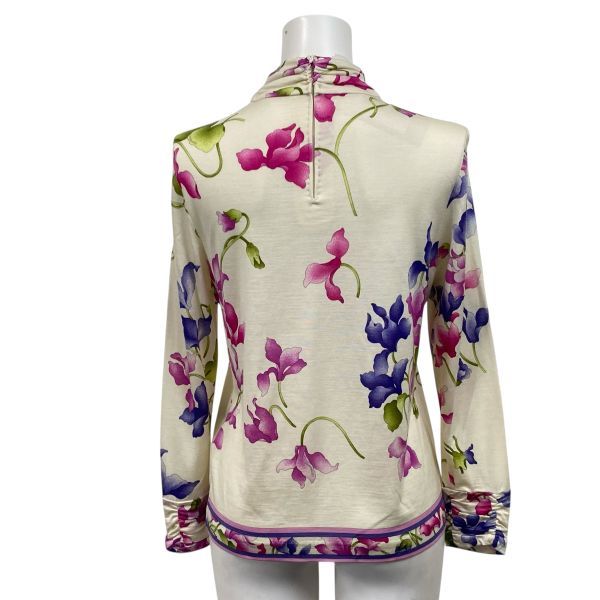  レオナール LEONARD ハイネックカットソー 長袖 花柄プリント クリーム パープル マゼンタ 毛混 シルク混 40 L 11号 レディース S 5 V 508 長袖 Tシャツ カットソー