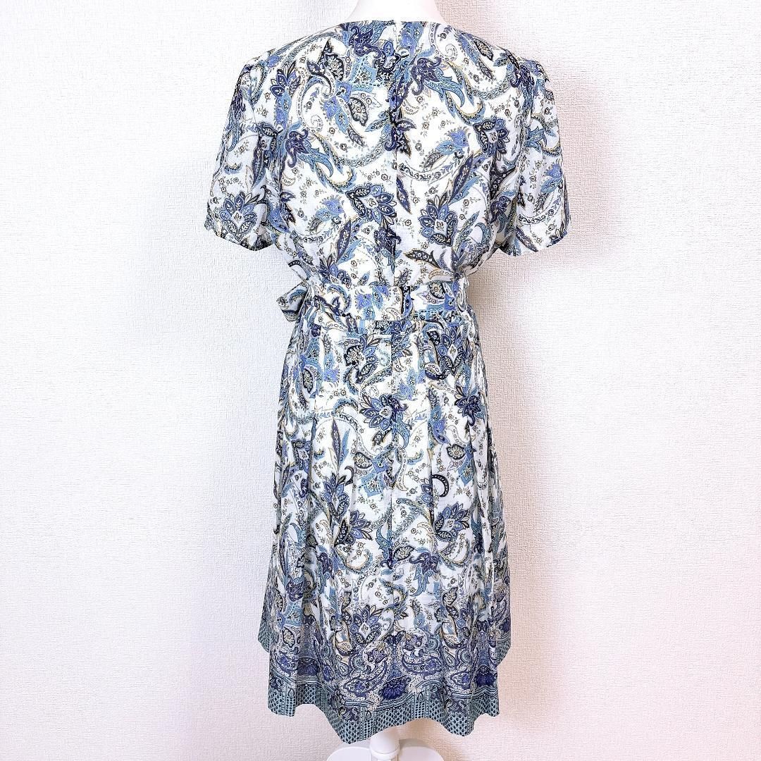 【美品】レリアン 半袖ブラウスワンピース ウエスト紐 13+ 花柄 白×水色 美品】レリアン 半袖ブラウスワンピース ウエスト紐 13+ 花柄 白×水色