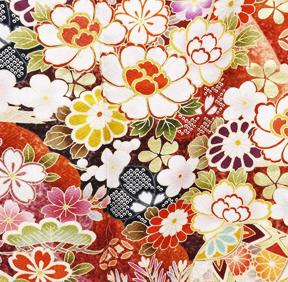 正絹 桜竹梅 振袖 [美品] 振袖 袷 正絹 赤 ピンク 紫 黒 金箔 手毬 桜 牡丹 菊 松竹梅 本