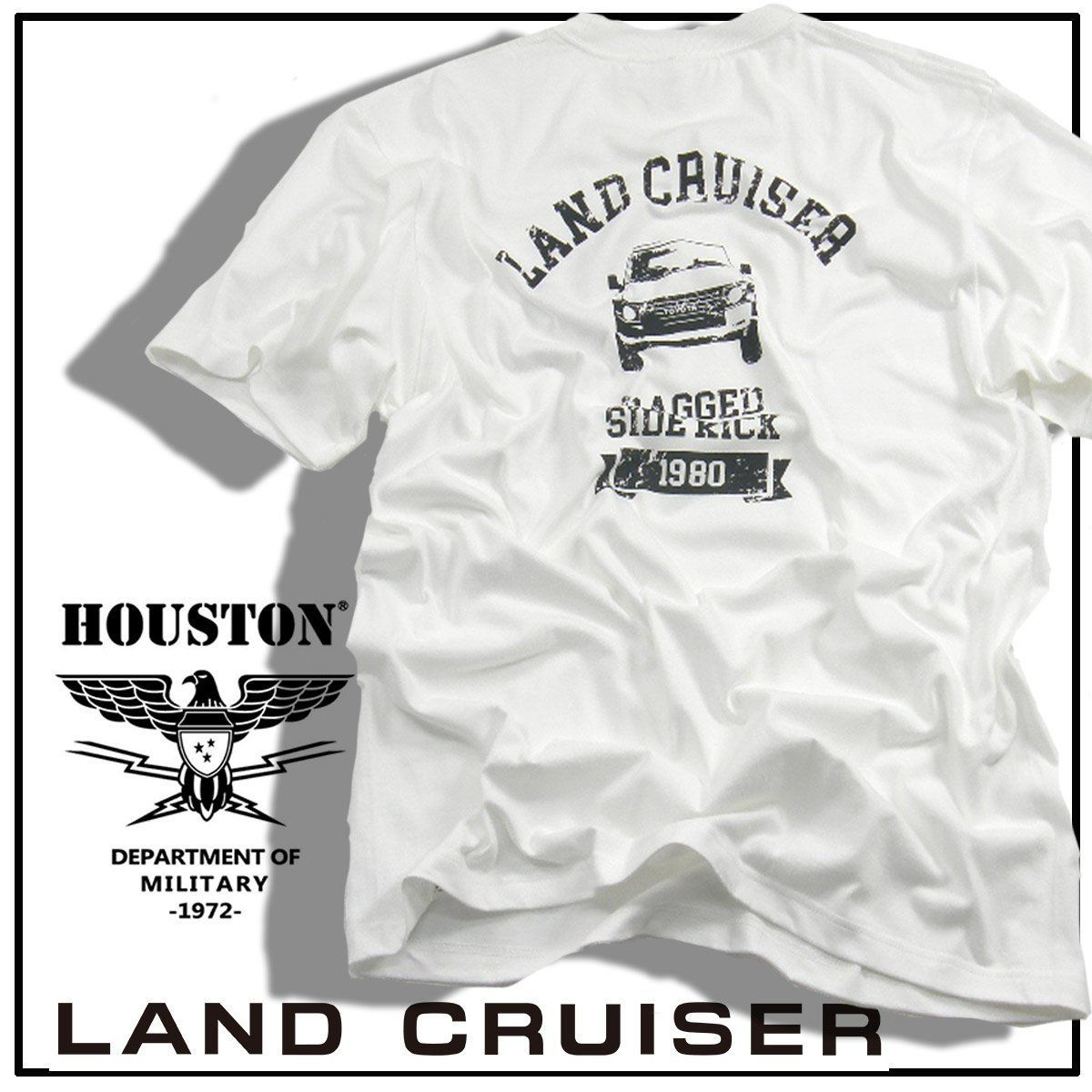 【新品】 HOUSTON × TOYOTA / ヒューストン トヨタ　LAND CRUISER Tシャツ ランクル POWER ランドクルーザー ホワイト 白 ユニセックス 両面プリント 丸首 クルーネック カットソー LAND CRUISER 1980