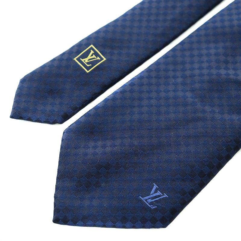美品　LOUIS VUITTON ネイビー チェック柄 ネクタイ ルイヴィトン LOUIS VUITTON ネクタイ ワイドタイ ブロック