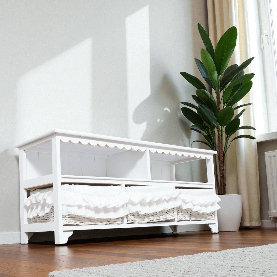 送料無料 E フリル付きバスケット3個♪白いカントリー調 ローボード テレビ台 収納棚 ガーリー フェミニン 100cm幅 アンティーク風 テレビボード フリル リビングボード アウトレット