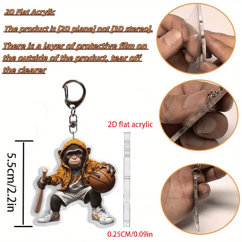 キーホルダー バスケをする猿 アクリル 小さめ 5.5cm バッドを持った