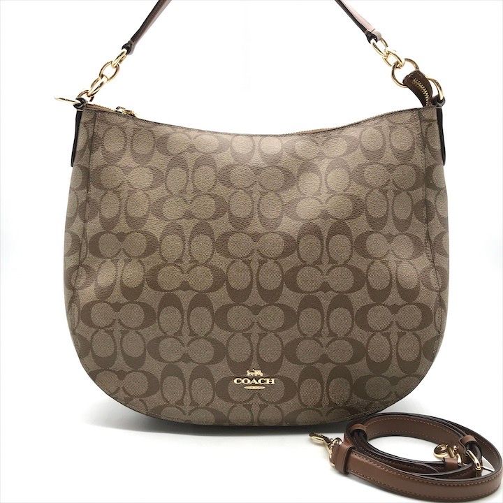 美品◇COACH コーチ シグネチャー ショルダーバッグ PVC ベージュ 鞄