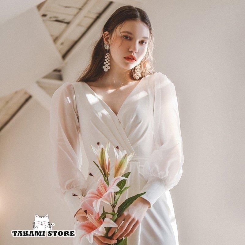 ウエディングドレス ロングドレス 結婚式 二次会 花嫁 白 大きいサイズ エンパイアライン スレンダーライン トレーンドレス ウエストマーク