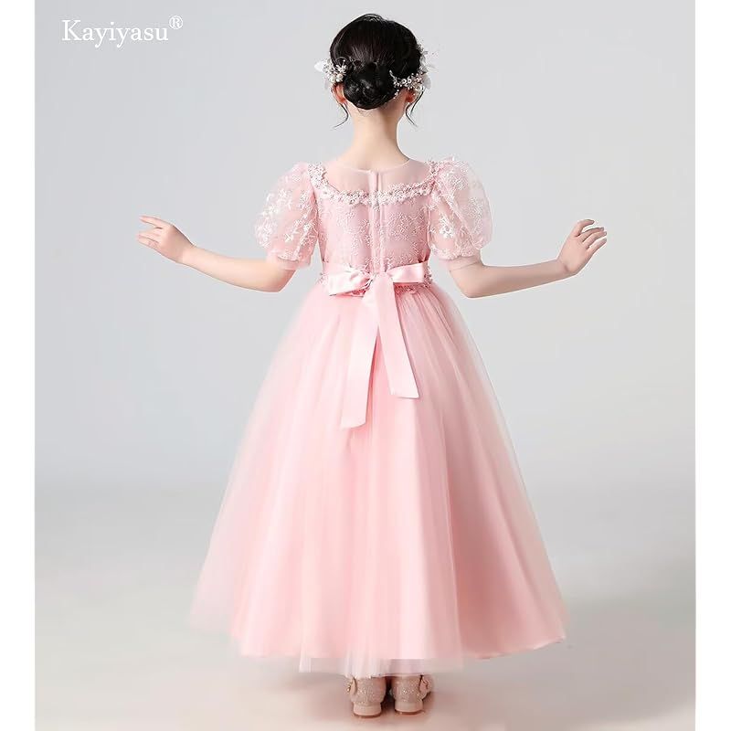 キッズ服(100cm~) 【新品】 [Ｋａｙｉｙａｓｕ] ロングドレス 女の子 子供ドレス 発表会 ピアノ パフスリーブ フォーマル 卒業式 フラワーガール 演奏会 入園式 誕生日 ジュニア ガールズ 刺繍 3-14歳 (120, ピンク) 1