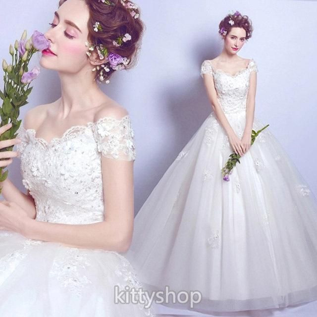 ウェディングドレス 袖あり Vネック ブライダルドレス Aライン 結婚式ドレス ホワイトドレス レース チュール 花嫁ドレス 編み上げ