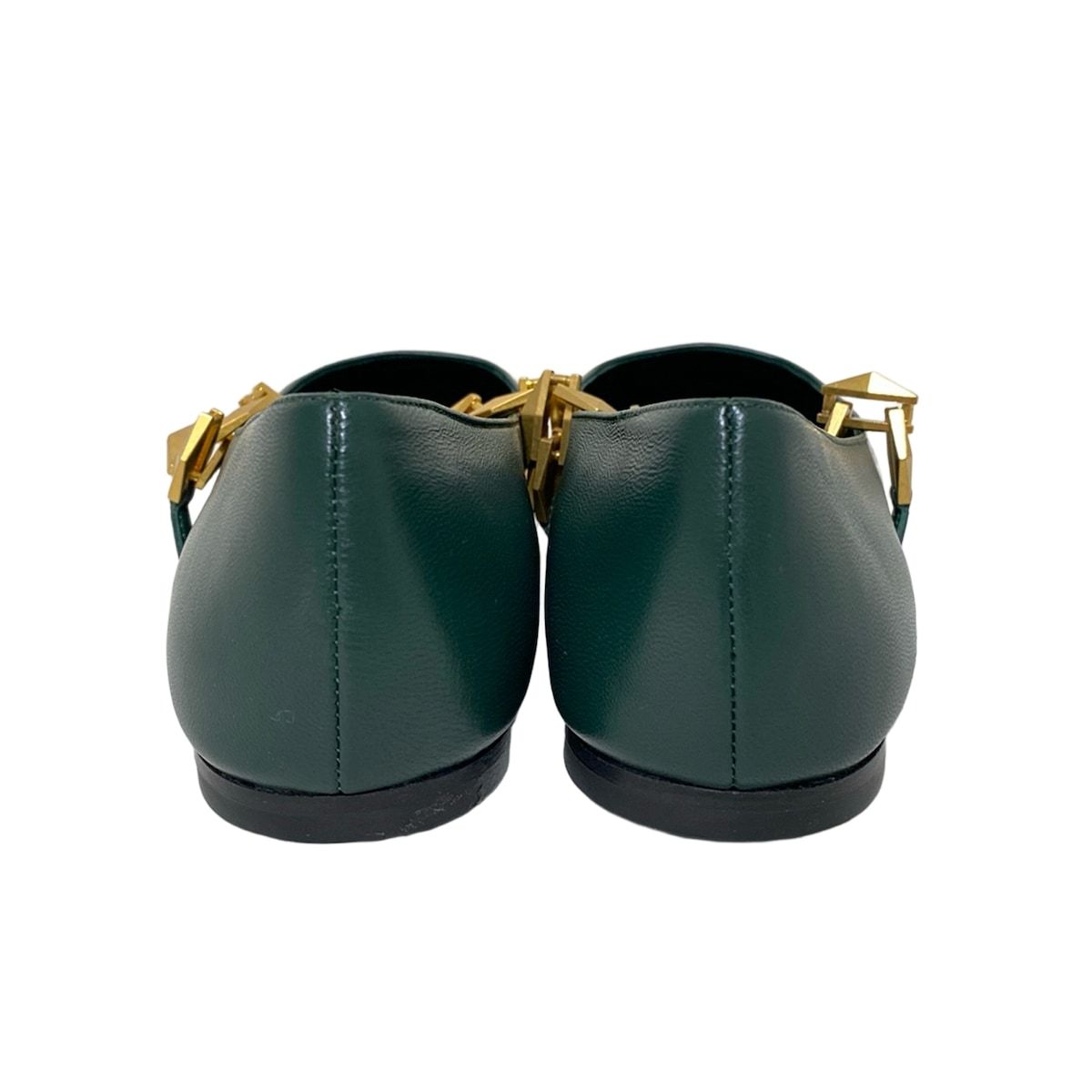 JIMMY CHOO フラットシューズ　37 ジミーチュウカーキレザー×ビジューバレエシューズ37 1/2 (Jimmy