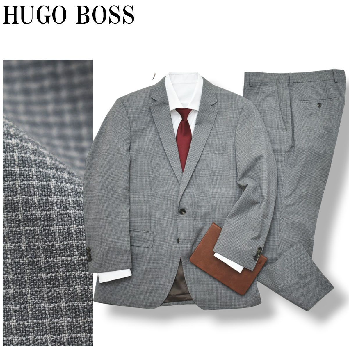 極美品/L ヒューゴボス　セットアップ　スーツ　テーラードジャケット　ダブル 極美品3ピース!HUGO BOSSセットアップスーツL~Mスリーピース黒