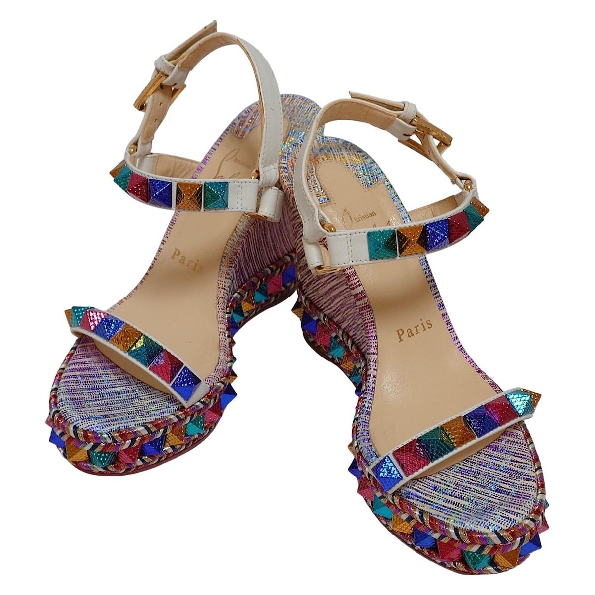 CHRISTIAN LOUBOUTIN クリスチャンルブタン サンダル 35 レディース - 白×ブルー×マルチ スタッズ|ラメ|アウトソール張替済 レザー