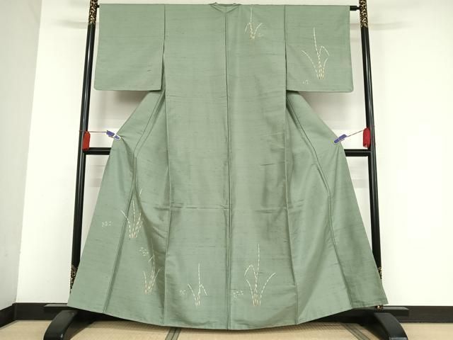 平和屋着物○訪問着 紬地 友禅 木賊 花 正絹 逸品 未使用 AAAU0356np