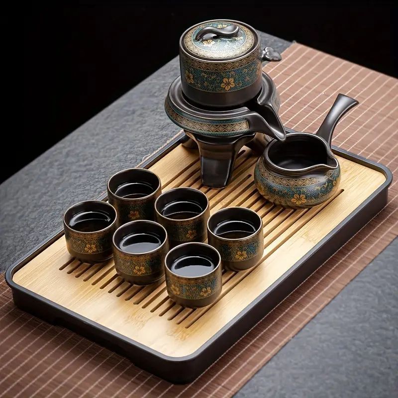 自動回転式茶こし付き豪華伝統中国陶磁器カンフーティーセット - 石臼  