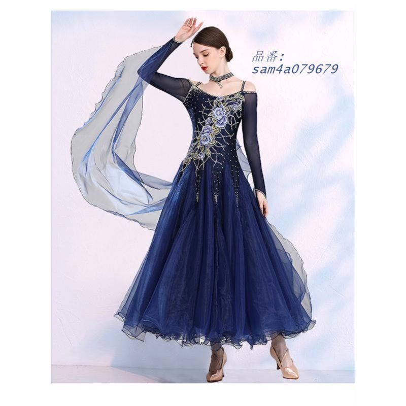 社交ダンス ワンピース モダンドレス 赤 大きいサイズ 長袖 競技着 ダンス発表会 練習着 演出用 ドレス ワルツダンス 大きい裾 am4a079679