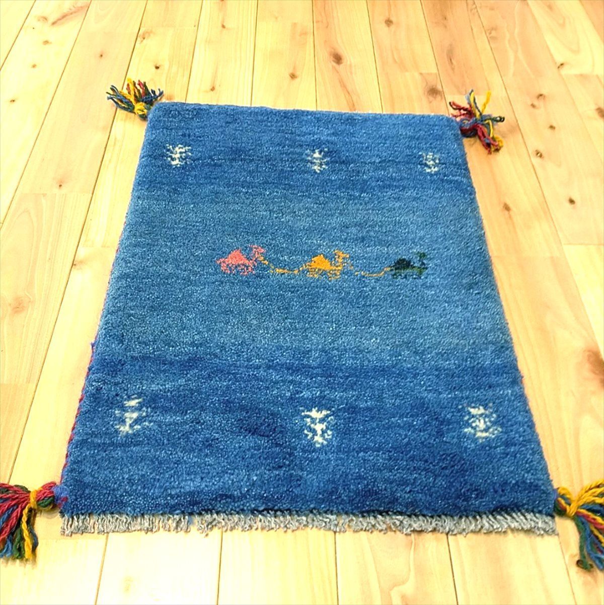 ⑤ペルシャ絨毯 新規入荷】ペルシャ ギャッベ 玄関マット 56×41cm ブルー ラクダ