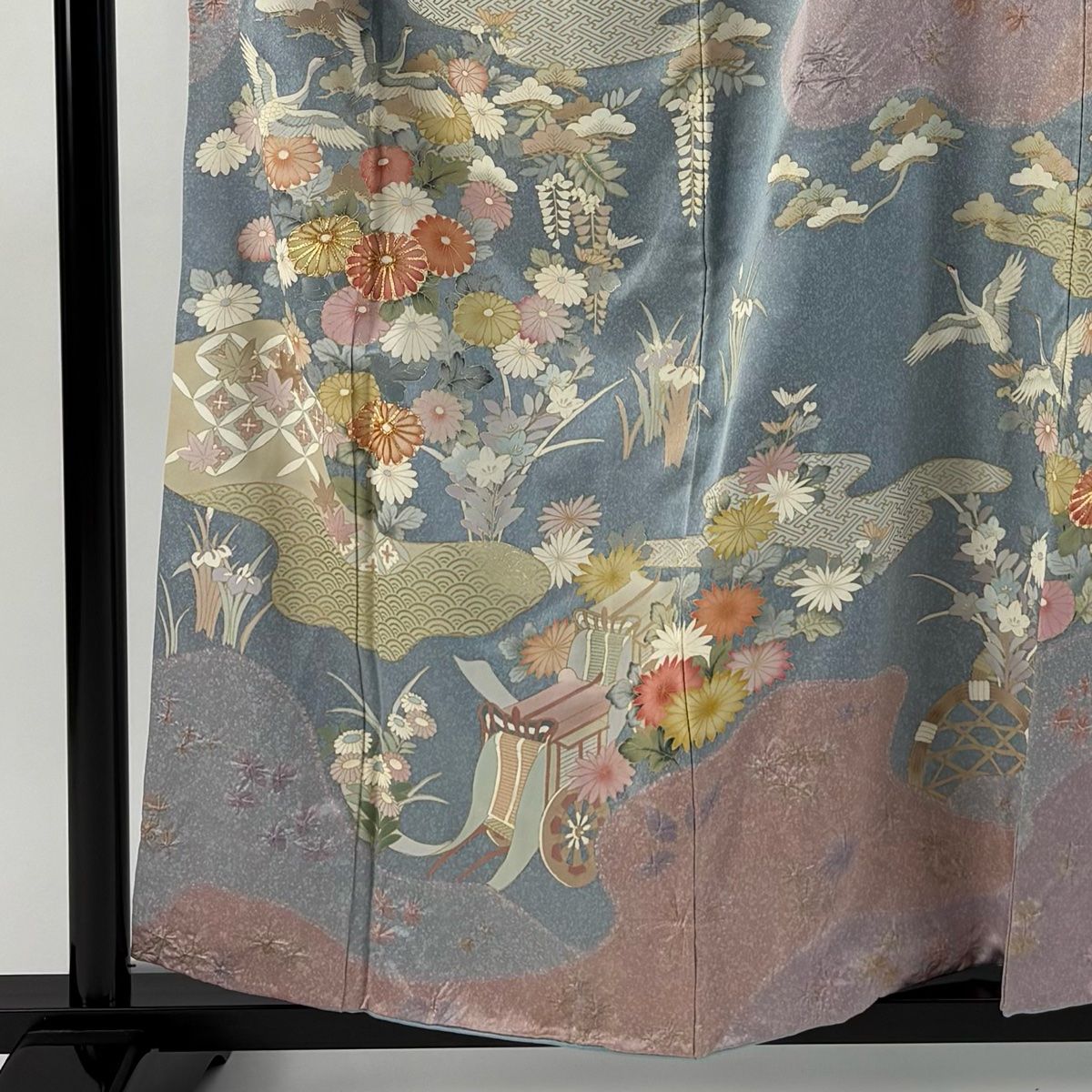 訪問着 身丈158cm 裄丈67.5cm L 袷 鶴 菊 金糸 金彩 水色 正絹