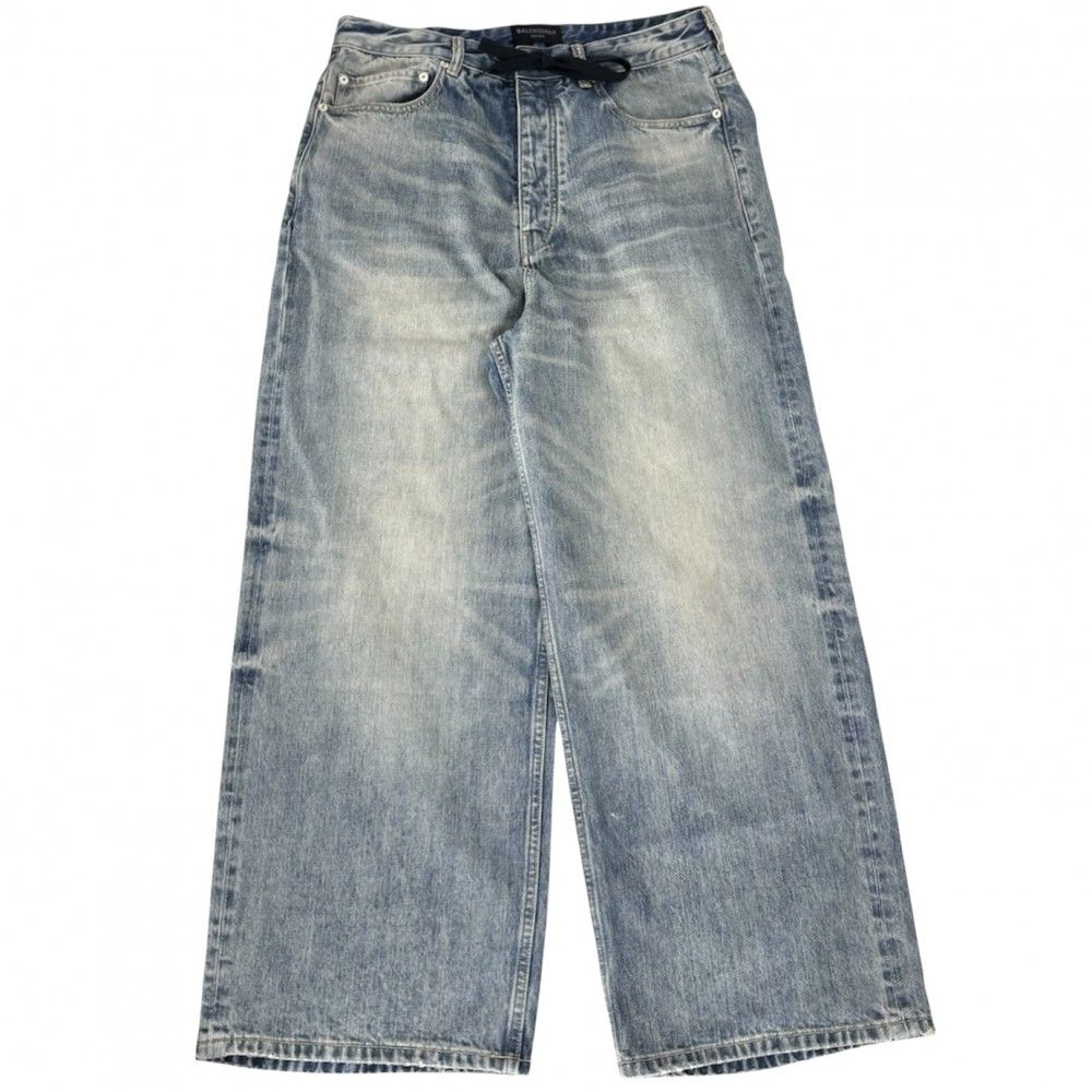 バレンシアガ デニムパンツ メンズ ドローストリング オーバーサイズ バギーパンツ ボトムス ストレートパンツ BALENCIAGA XXS 786643 ライトブルー シルバー金具 コットン オールシーズン 品