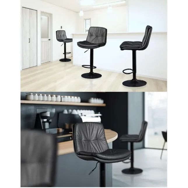 カウンターチェア 2脚セットブラック 回転式 背もたれつき 高さ調節