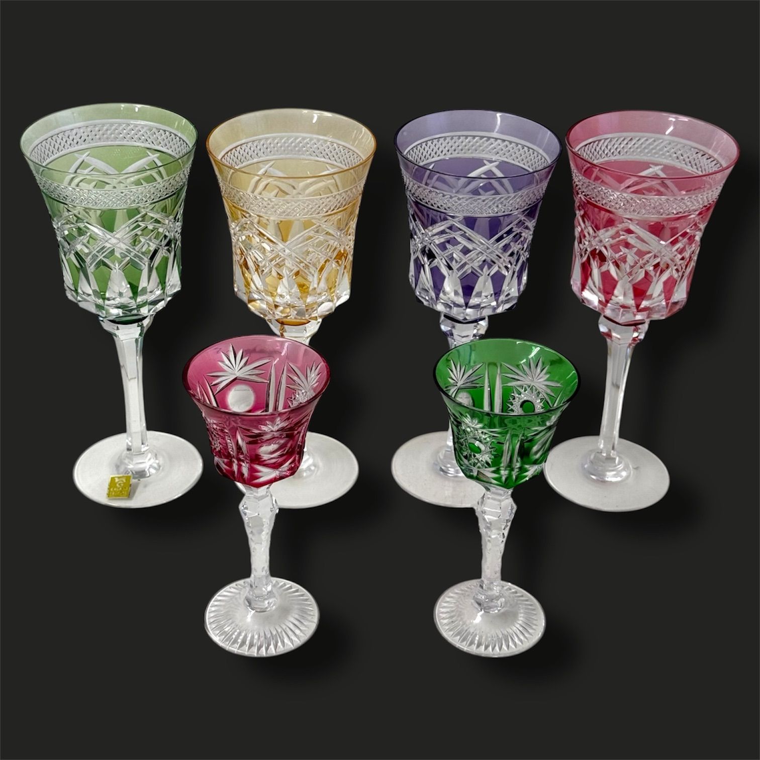 6客 KAGAMI CRYSTAL カガミクリスタル 日本製 カラーカットグラス ワイングラス4 リキュール ショット グラス2 マルチカラー 緑 琥珀 紫 ピンク セット