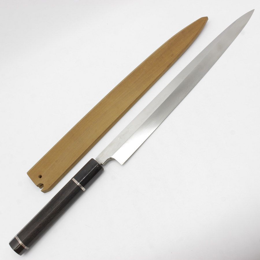 長寿 仙 本焼 柳包丁 尺一 銀巻黒檀柄 鏡面 刃渡り約330mm 和包丁 本焼