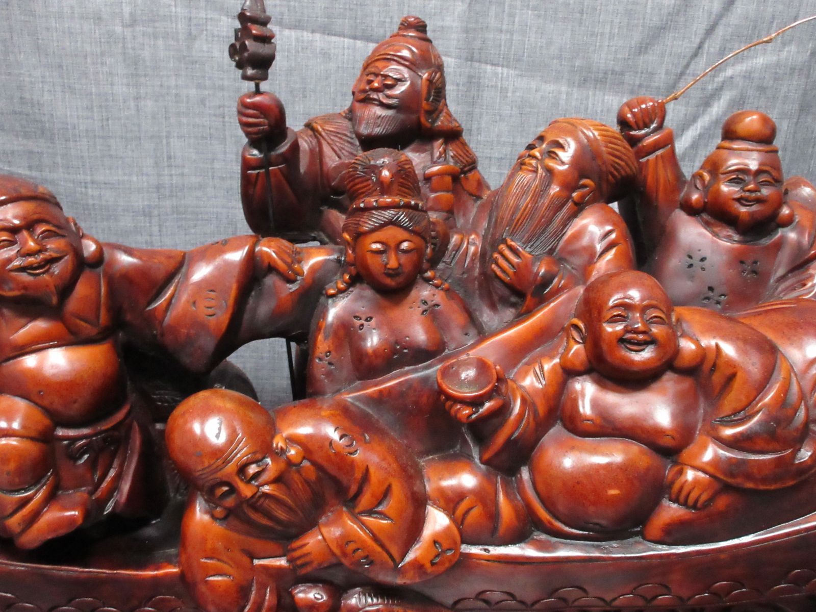☆紫檀 彫刻 龍 宝船 七福神 縁起物 台座付 置物 特大 - メルカリ