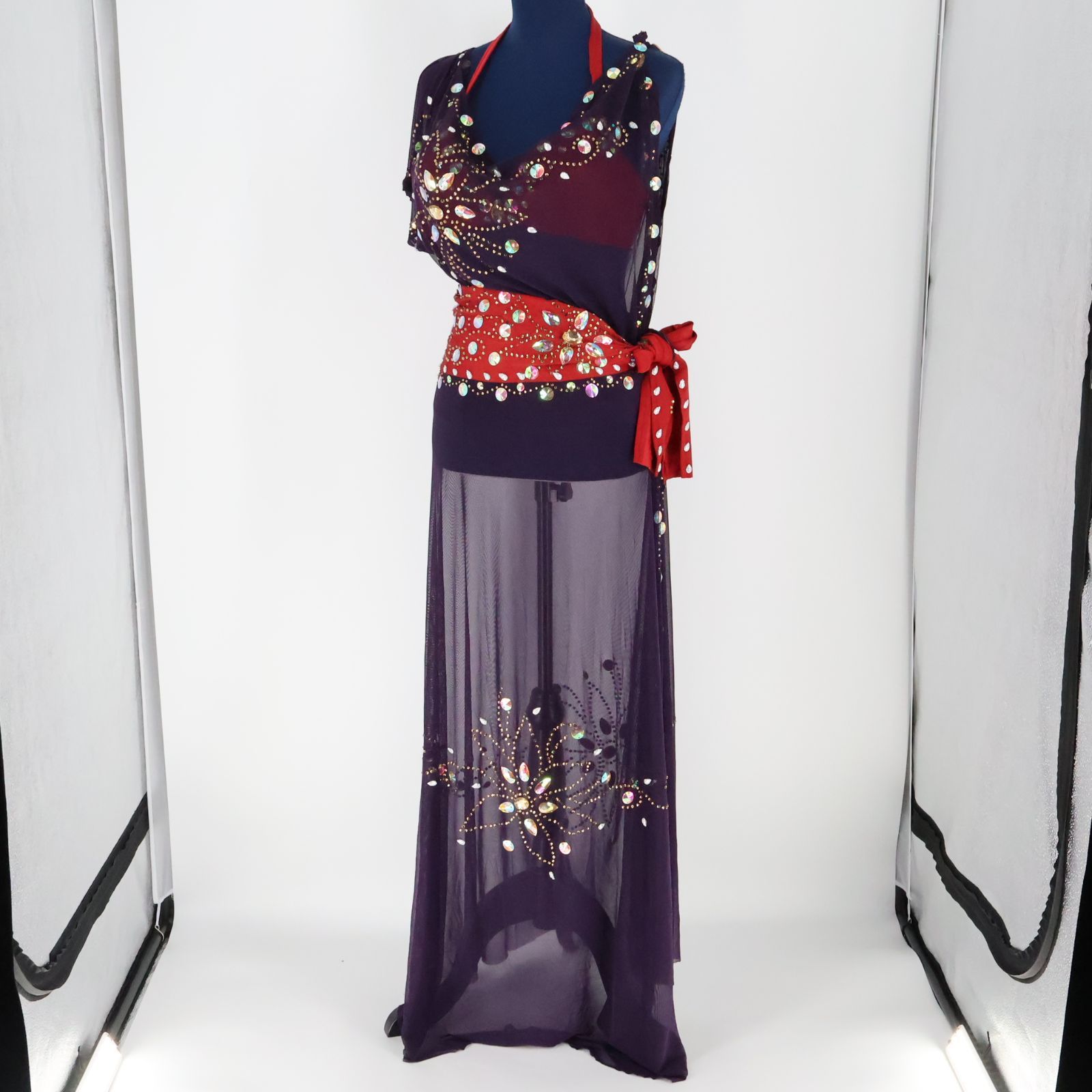 ベリーダンス用 オリエンタル衣装】レッド×ゴールド スパンコールラメ