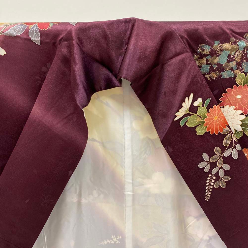 振袖 中古 葡萄茶 紫 正絹 古典 裄70cm 身丈166.5cm 美品 L サイズ