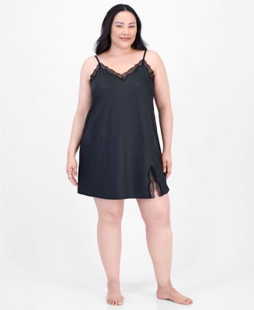 送料無料 アイ.エヌ.シー インターナショナル コンセプト レディース ナイトウェア アンダーウェア Women s Lace-Trim Satin Chemise XS-3X Deep Black