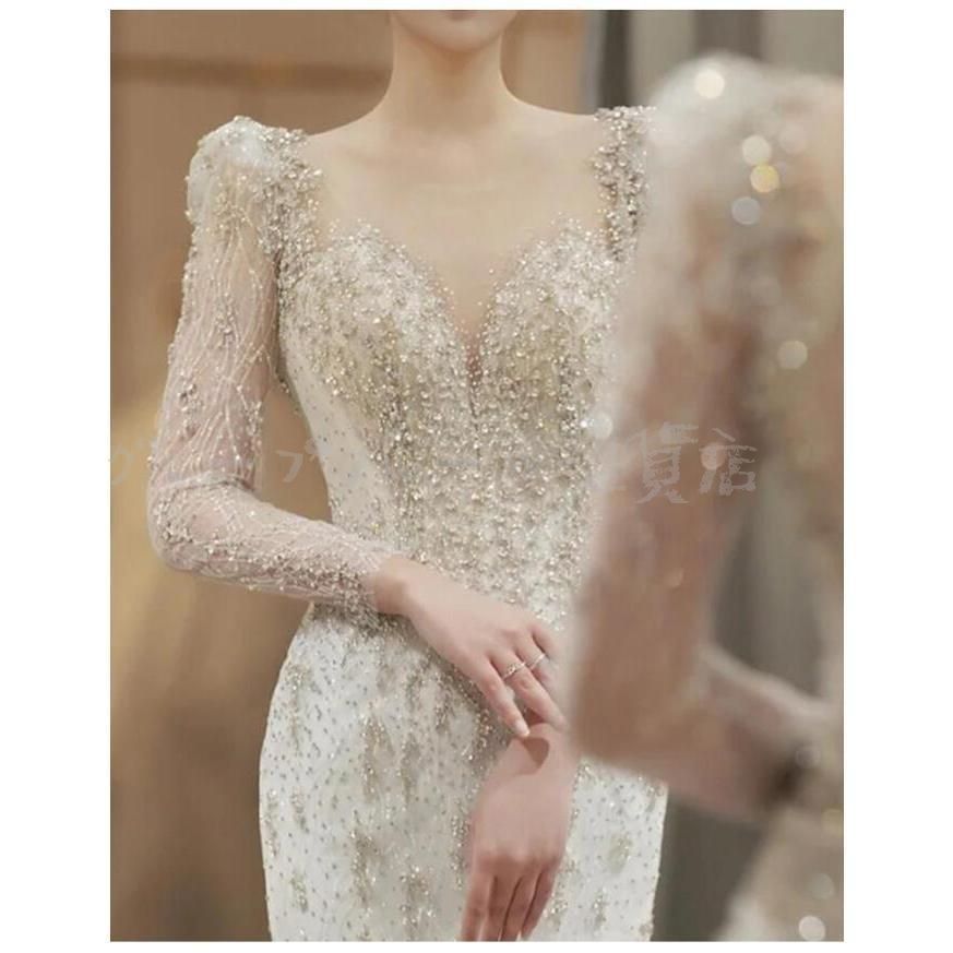 ウェディングドレス マーメイドドレス 長袖 背開き トレーンドレス 花嫁ドレス 結婚式ドレス キラキラ 素敵 キレイめ 感 海外挙式 披露