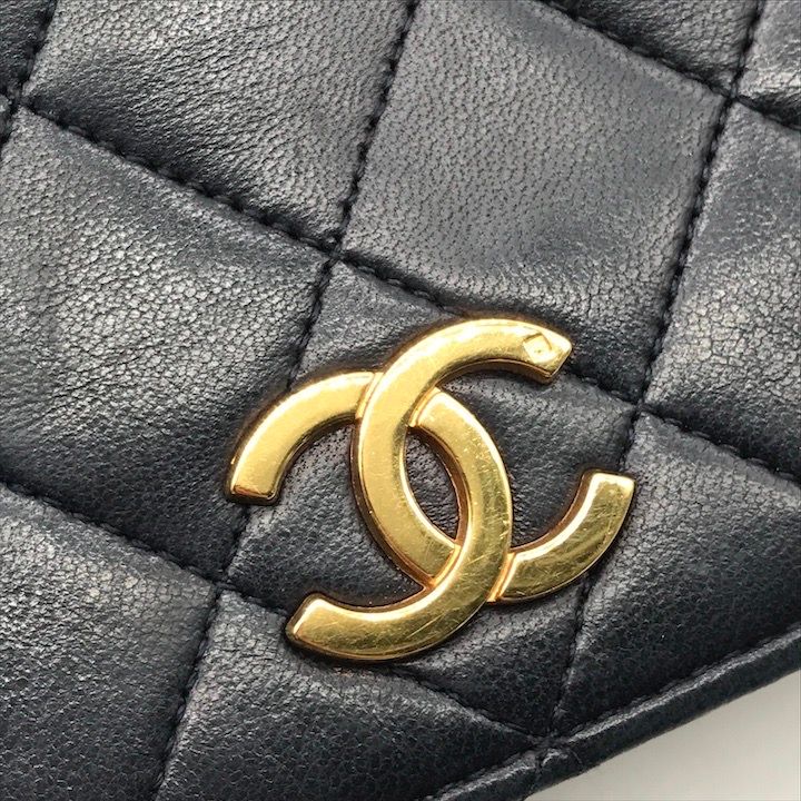 良品 CHANEL シャネル マトラッセ ココマーク ラムスキン プッシュロック チェーン ショルダー バッグ ネイビー レディース h42