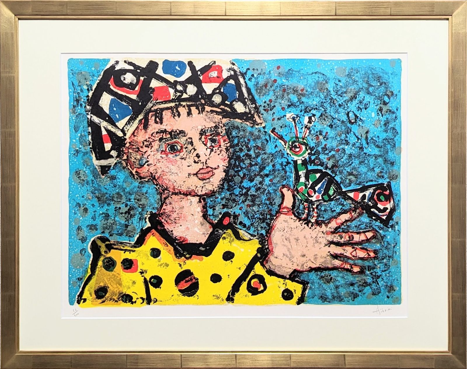 真作 直筆サイン ポール アイズピリ 少年と鳥 リトグラフ