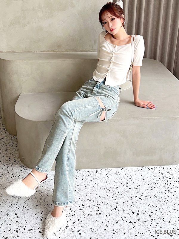 9月下旬発送予定 RESEXXY リゼクシー デニム パンツ カット アウト リボン デニム パンツ フ パンツ ブーツカット 152530765301 152542419101 Cut Out Ribbon Denim Pants