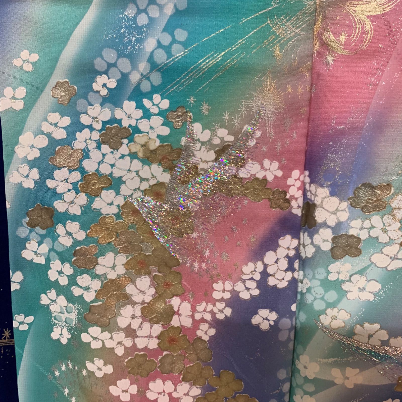 花に鳥模様刺繍振袖 長襦袢セット 振袖 着物 成人式 サインあり