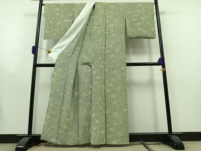 平和屋着物▽上質な小紋 単衣 型染め 更紗花文 鬼しぼ縮緬 正絹 逸品