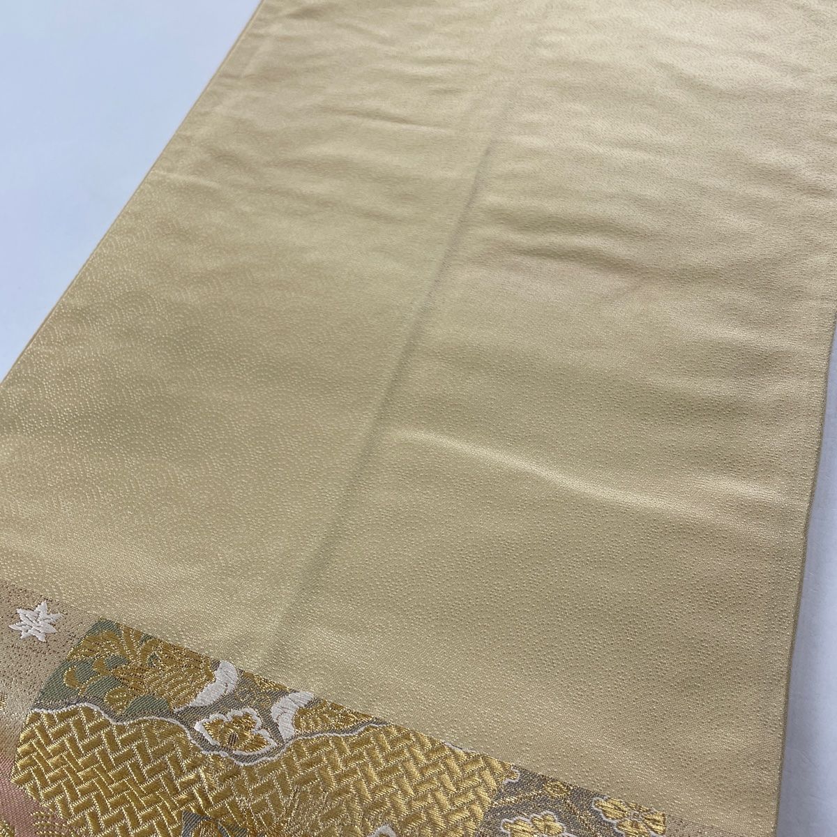 袋帯 高級綴れ カラフルな織出し 金彩暈し 正絹 AO-3759 袋帯 秀品 関西仕立て 枝垂れ桜 波 金糸 箔 オレンジ 六通 正絹
