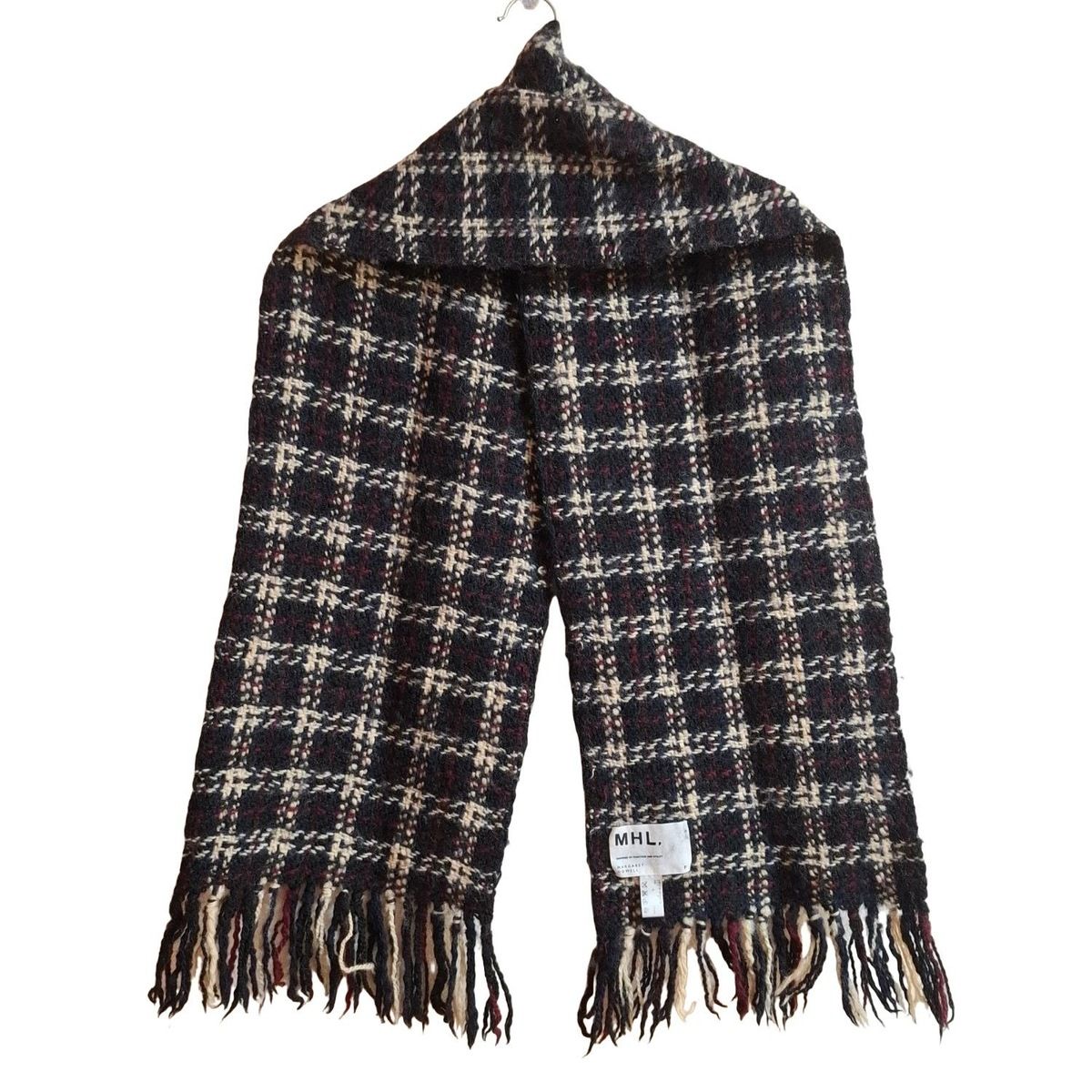MHL. エムエイチエル マフラー - 黒×アイボリー×ボルドー チェック柄 ウール
