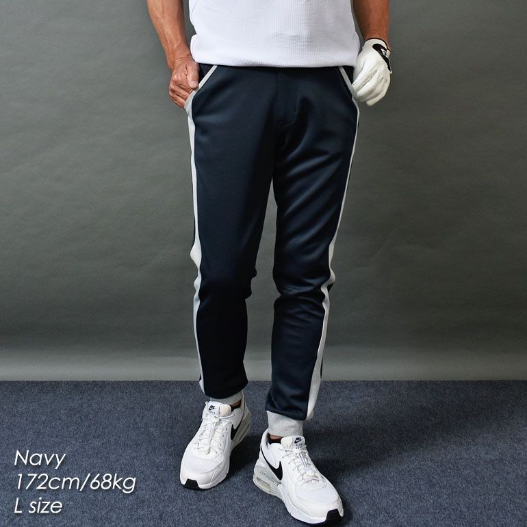 COMONGOLF|コモンゴルフ ストレッチポンチ素材ライン入りゴルフ用ジョガーパンツ|ネイビー×杢グレー