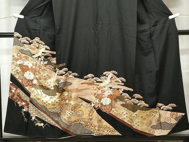 平和屋着物＃羽織 手描き 枝花文 黒地 金銀彩 正絹 逸品 CAAT5837id