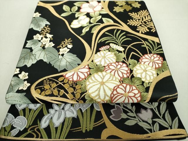 平和屋着物●六通柄袋帯　唐織　四季流水文　金糸　正絹　逸品　未使用　DAAU5404ps 平和屋着物○六通柄袋帯 唐織 四季流水文 金糸 正絹 逸品 未使用