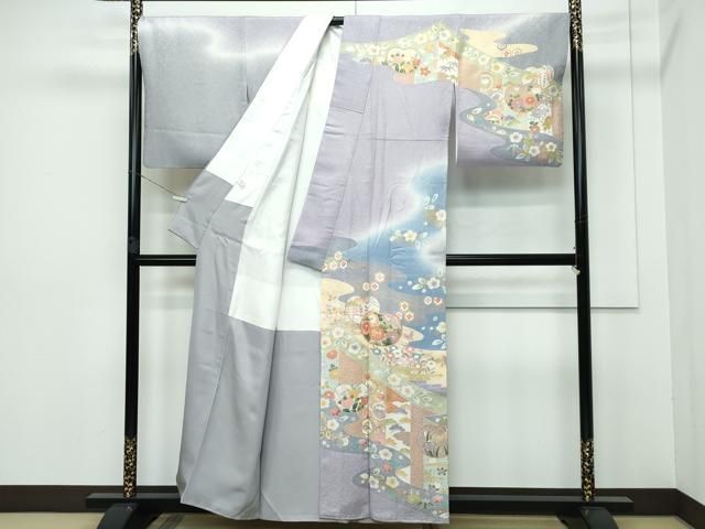 平和屋本店□極上 訪問着 駒刺繍 エ霞吉祥花文 暈し染め 金彩 反端付き