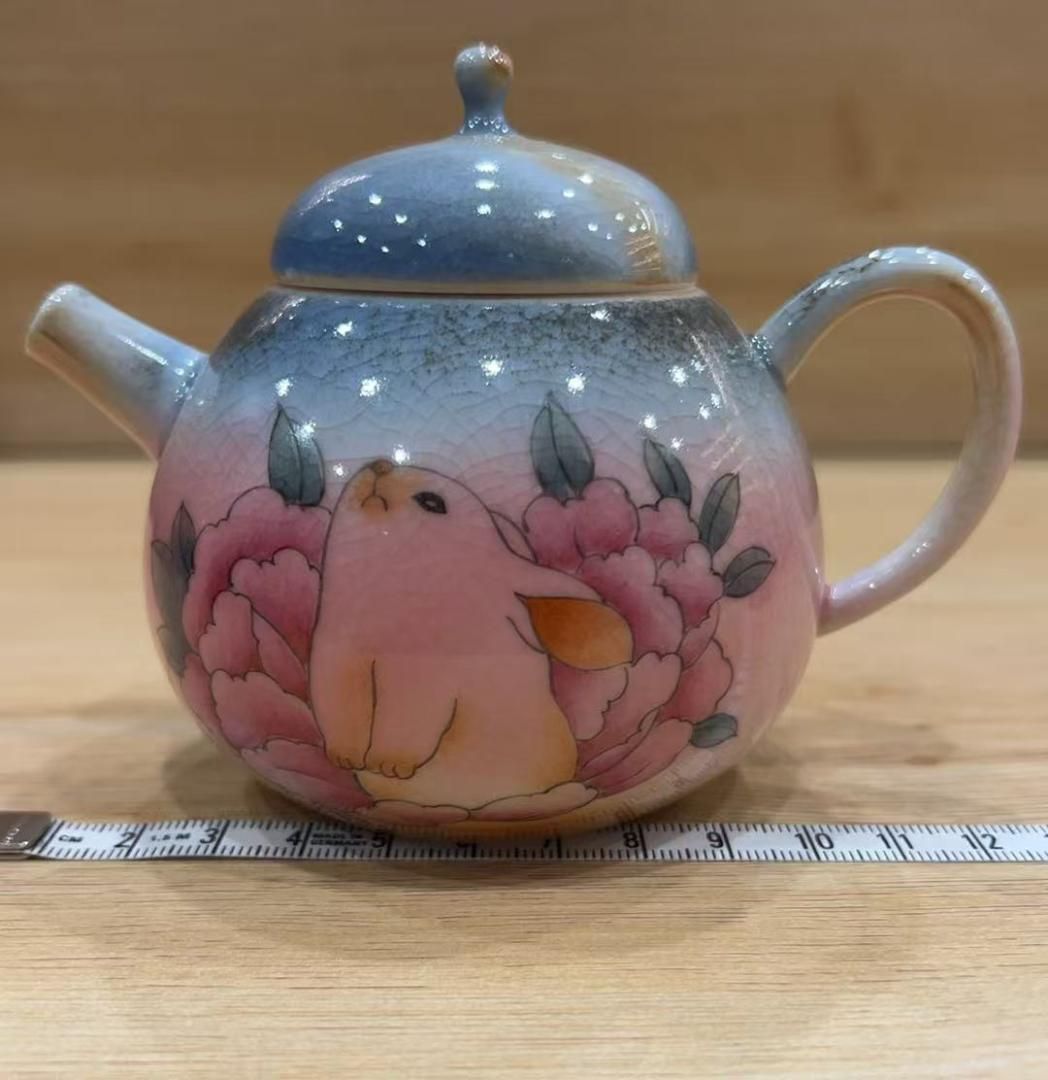 手作り新品 うさぎと牡丹柄 陶器製急須 【公式通販】