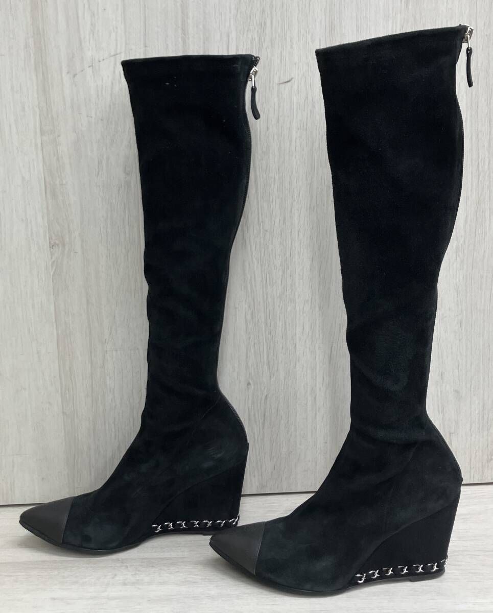 CHANEL シャネル ロングブーツ スエード ウェッジヒール 黒 ブラック レディース サイズ36 1|2