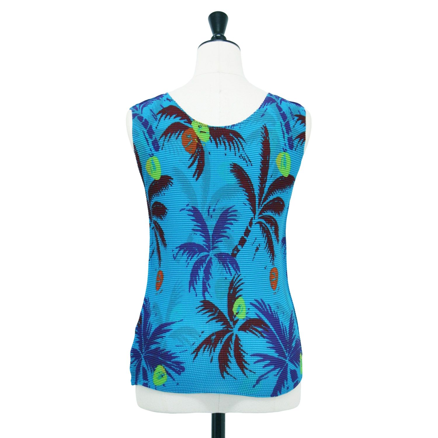 me ISSEY MIYAKE ミー イッセイミヤケ タンクトップ ブルー系 サイズ ヤシの実柄 プリーツ プルオーバー ブラウス ノースリーブ クルーネック トップス レディース