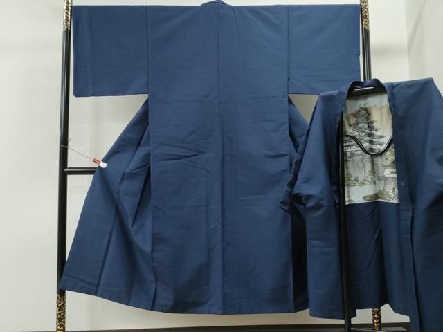 平和屋着物●男性 紬 アンサンブル 色無地 紺地 正絹 CAAS7281yc